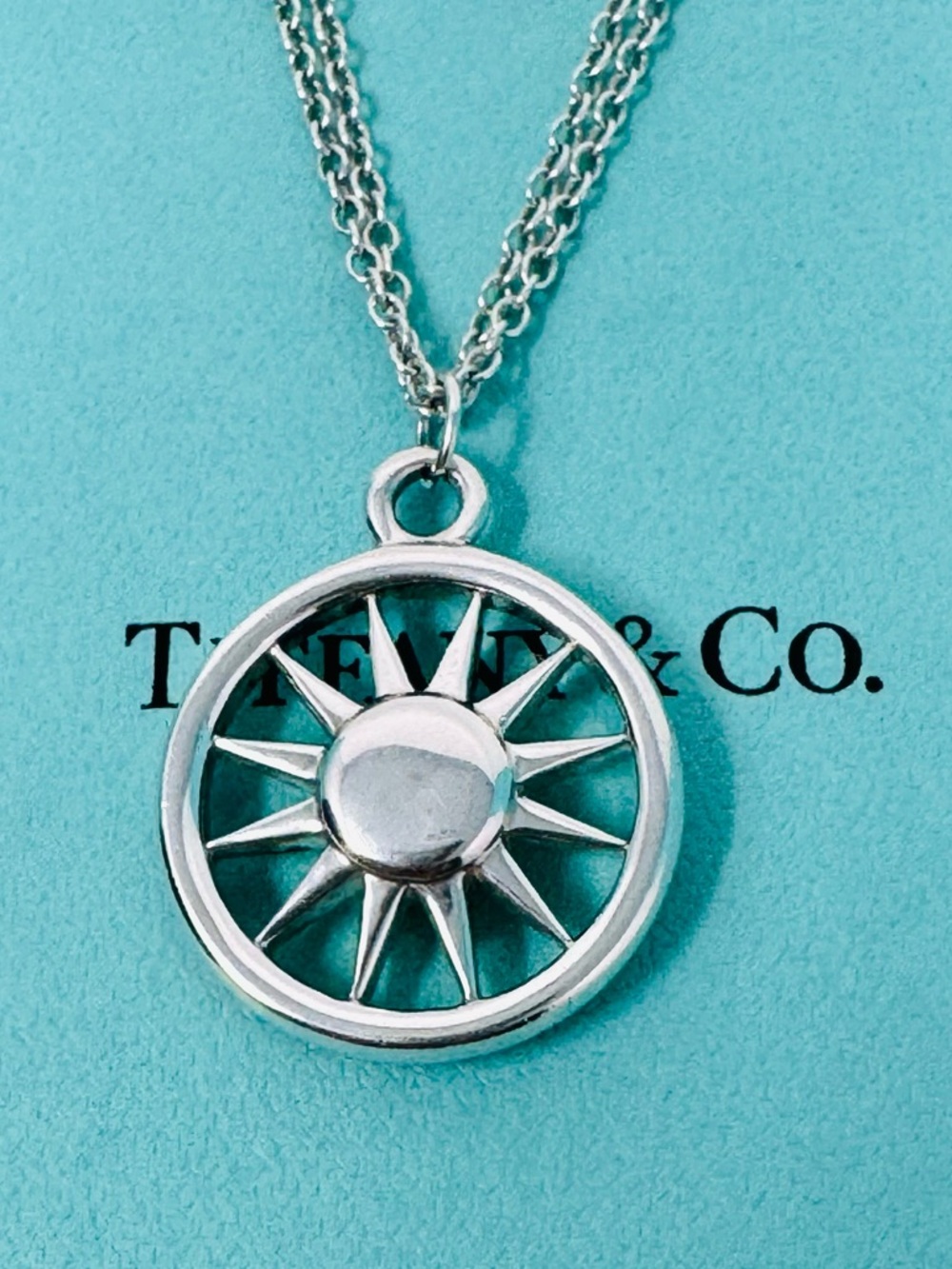 Authentic Tiffany & Co. Vintage Sun Sunburst Pendant Double Chain Necklace -